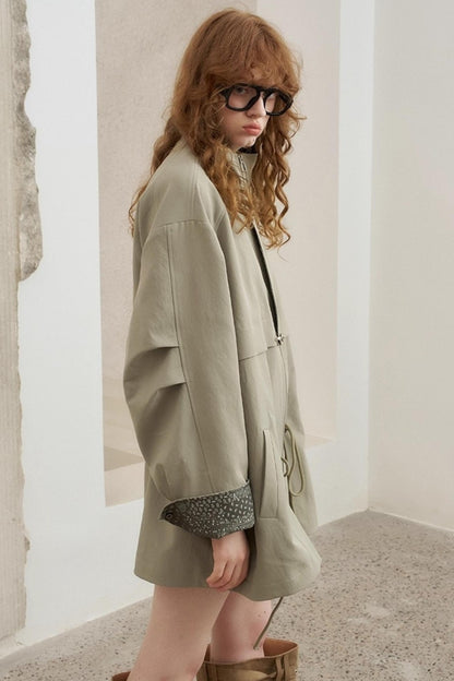 Contrast Windproof Drawstring Midi Trench Coat
