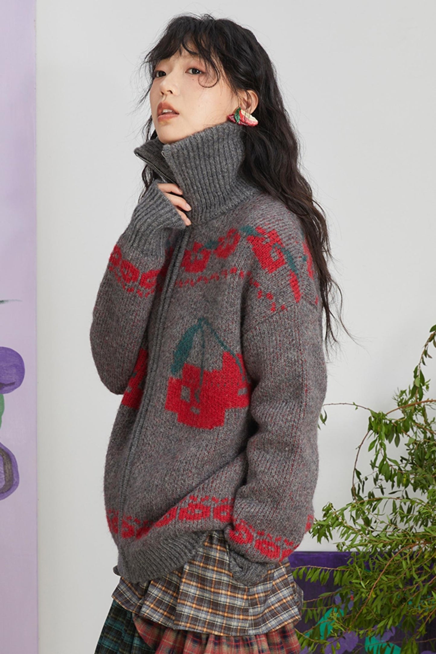 Retro Cherry Jacquard Wool Cardigan