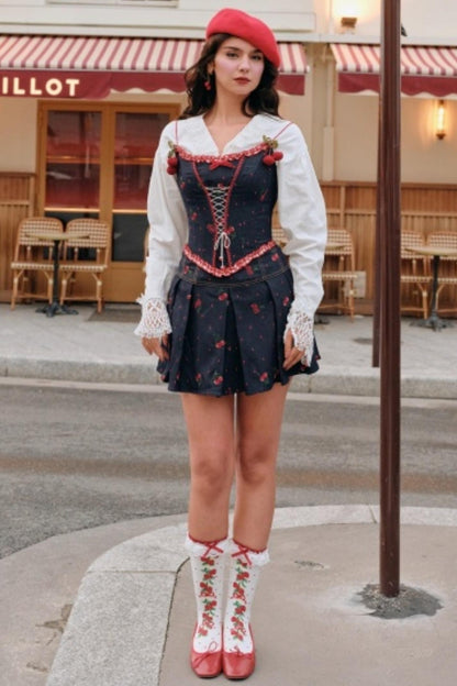 Cherry Embroidery Denim Skirt Set-Up
