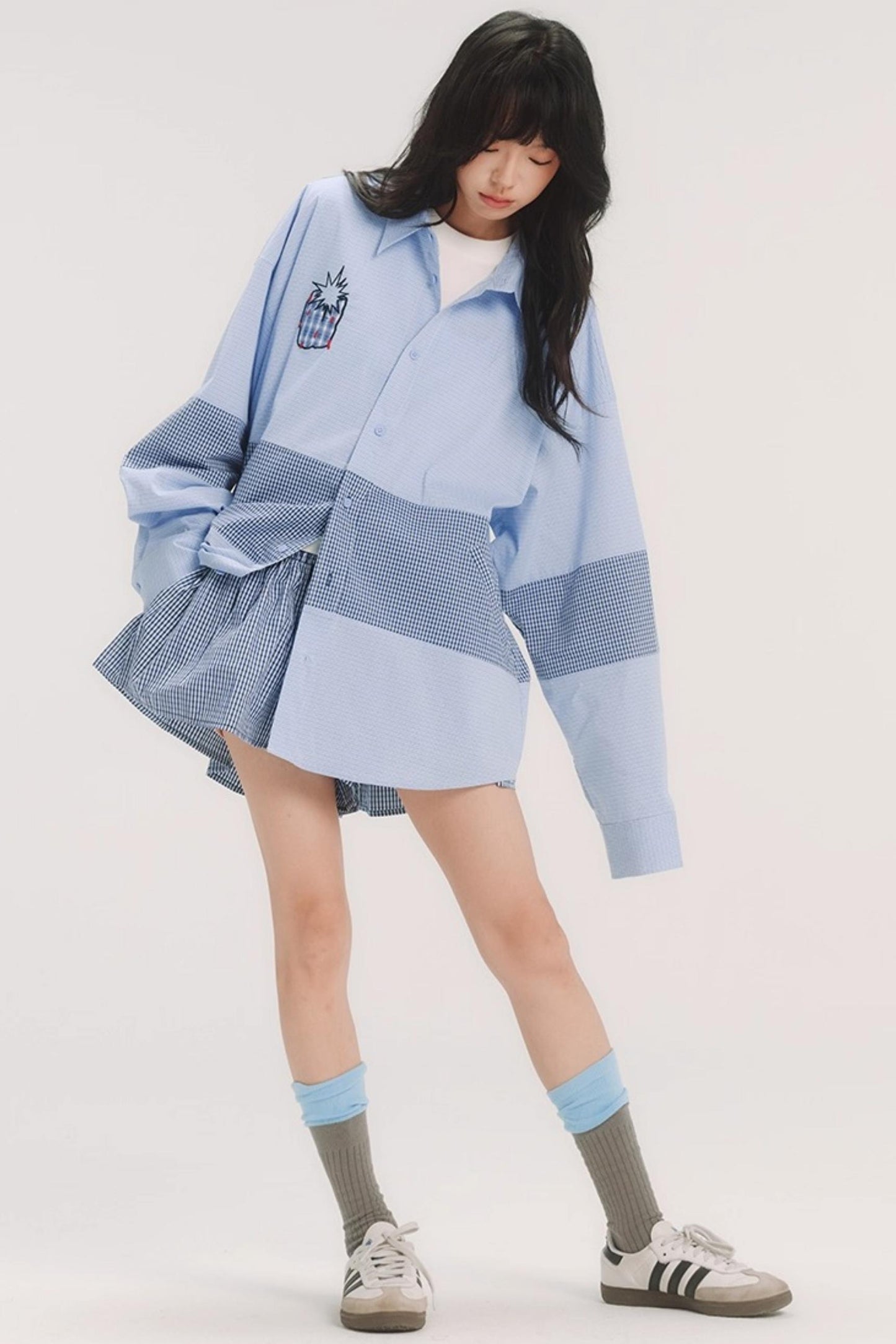 Blue Check Stitch Applique Shirt