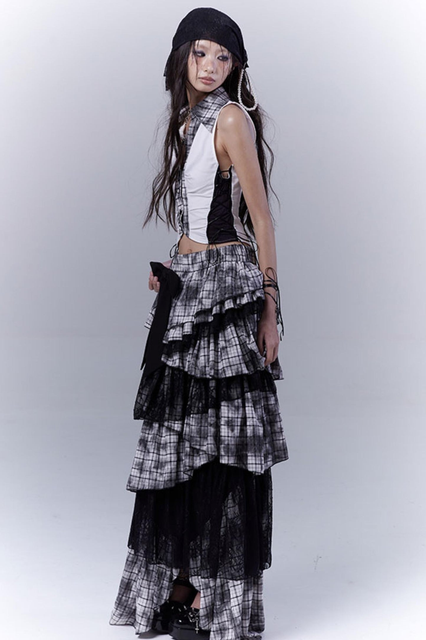 Wilderness Lace-Trimmed Plaid Bustier Skirt