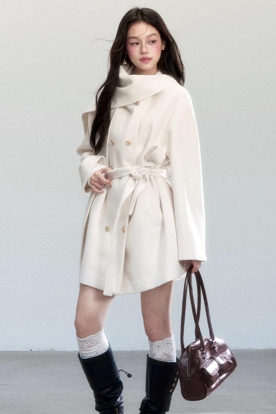 White Lace-Up Woolen Jacket