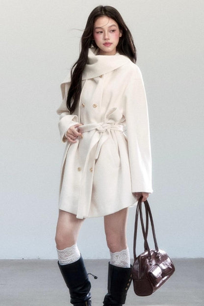 White Lace-Up Woolen Jacket