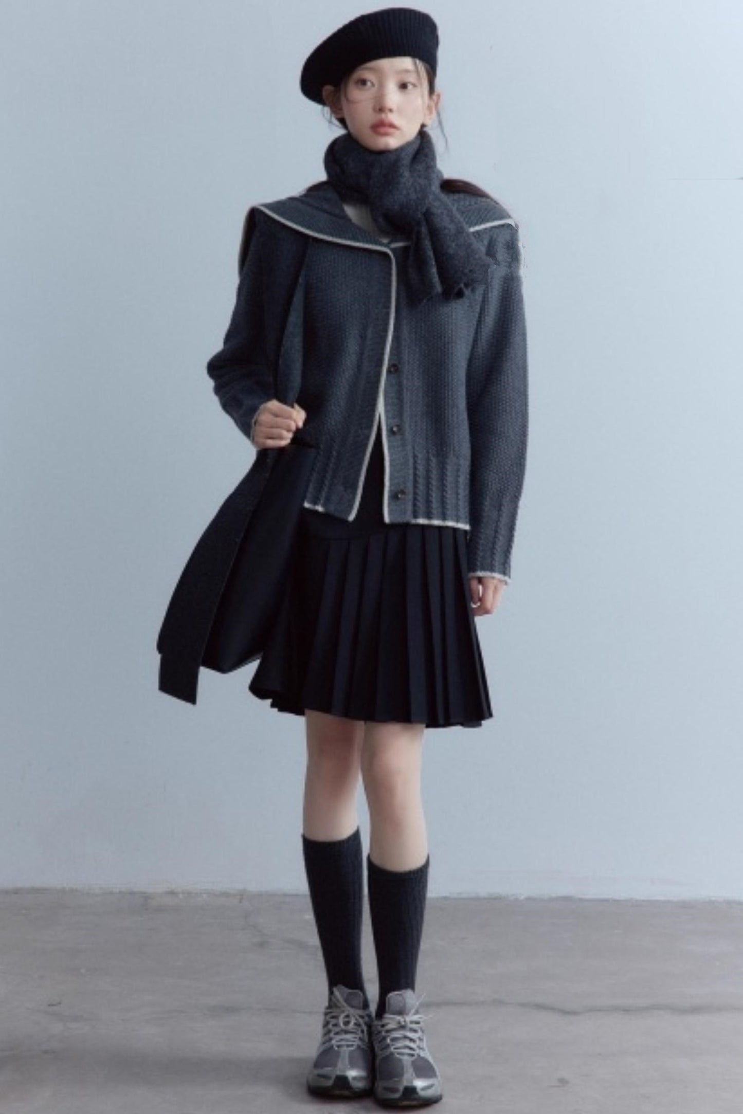 Navy Collar Twisted Rope Woolen Cardigan