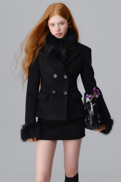 Fur Collar Blazer & Skirt Set-Up