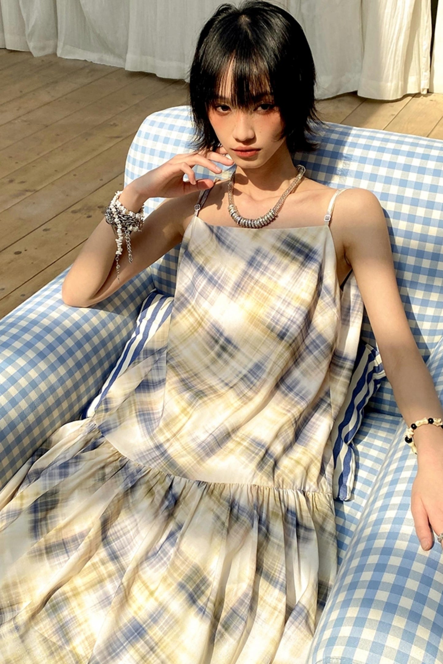 Illusion Plaid Halter Dress