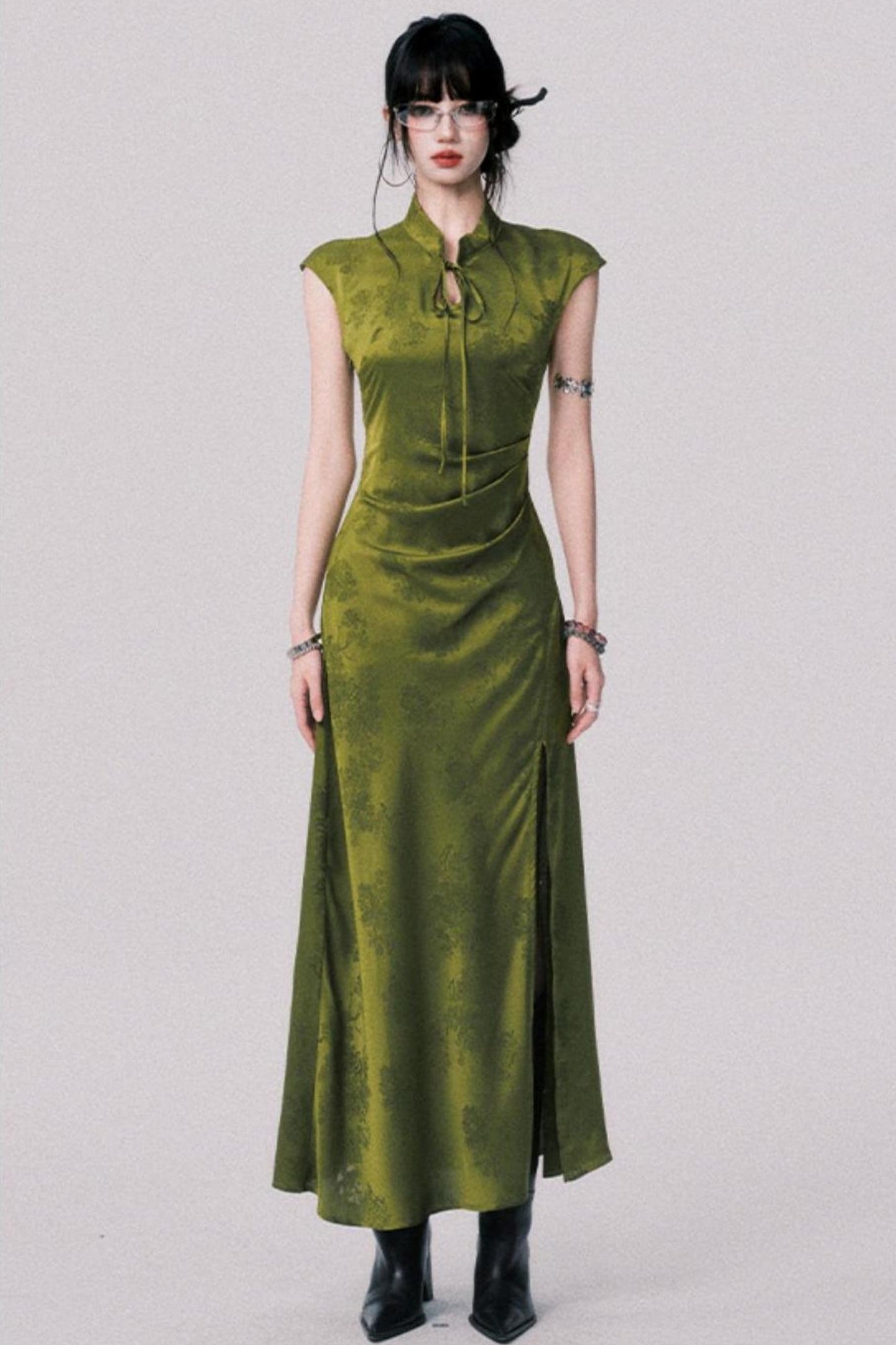 Vintage Moss Green Jacquard Cheongsam Dress