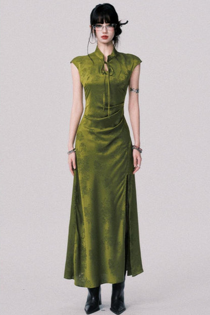 Vintage Moss Green Jacquard Cheongsam Dress