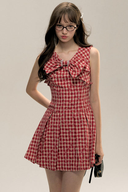 Red Check Floral Bow Vest Dress