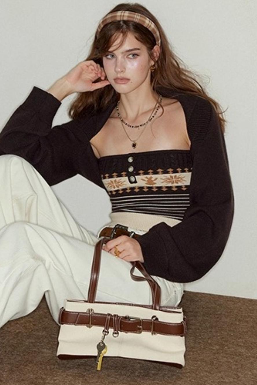 Cropped Knit Cam Shoulder Cardigan Set-Up