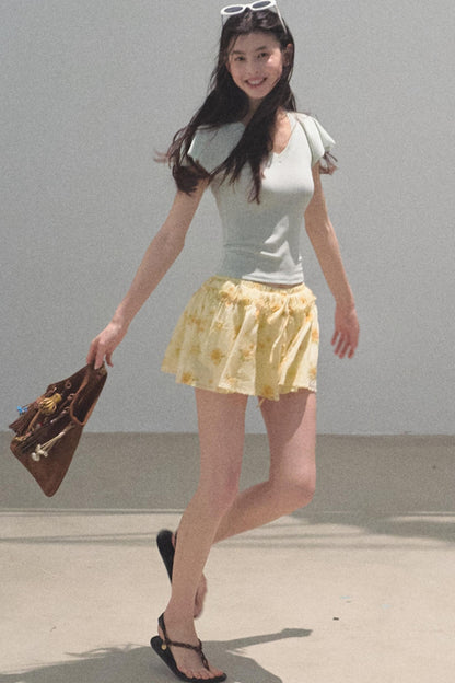 Green Apples Sleeve V-Neck Skinny Top