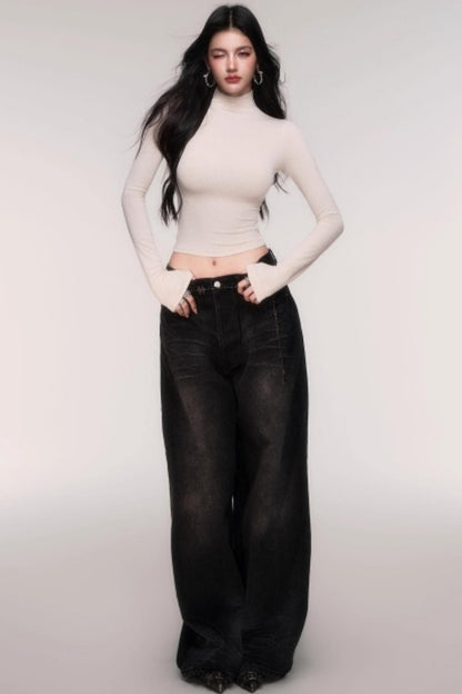 Washed High-Waisted Wide-Leg Jeans