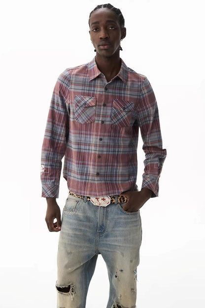 Exitmode Short Plaid Embroidered Shirt