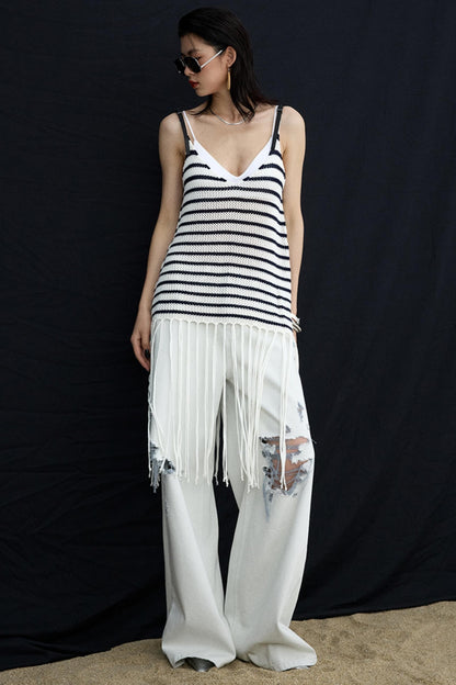 Summer Jacquard V-Neck Leather Hem Vest