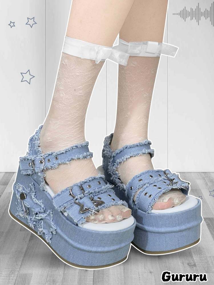 Y2K Punk Star Denim Eyelet Belt Super Thick Sole Sandals