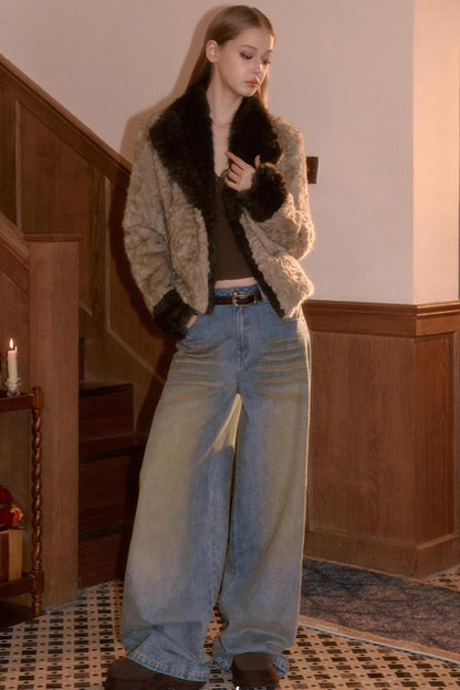 Two-Tone Patchwork Furry Coat