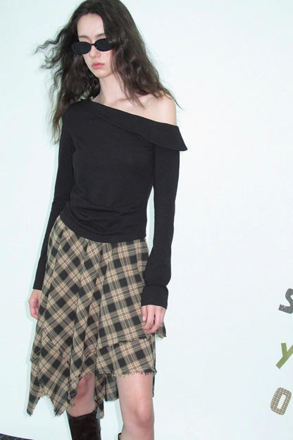 Slanted Shoulder Knit Top Skirt Set-Up