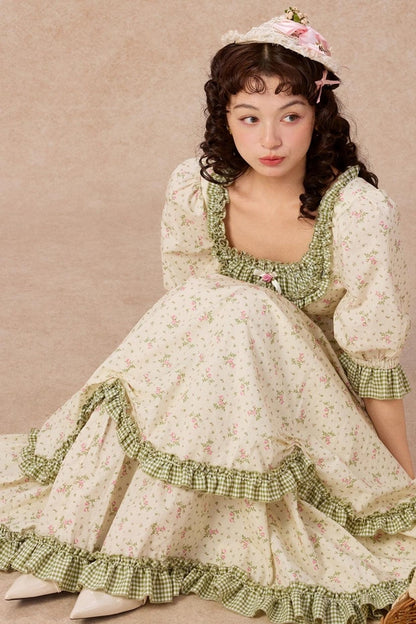 French Pastoral Style Floral Waist Dress