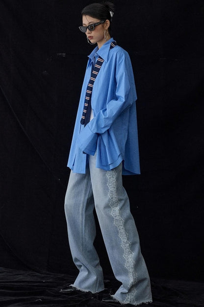 Blue Pointed Long-Sleeved Shirt