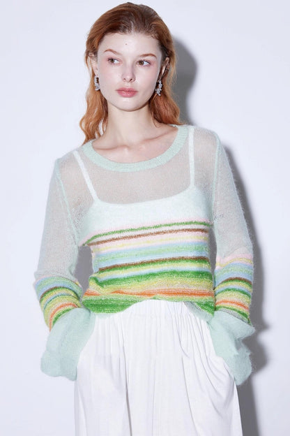Mohair Silky Wool Rainbow Lantern Sleeve Sweater
