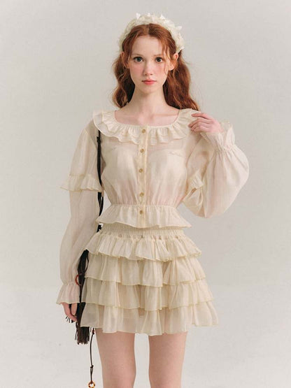 Ruffle Collar Shirt & Cake Mini Skirt