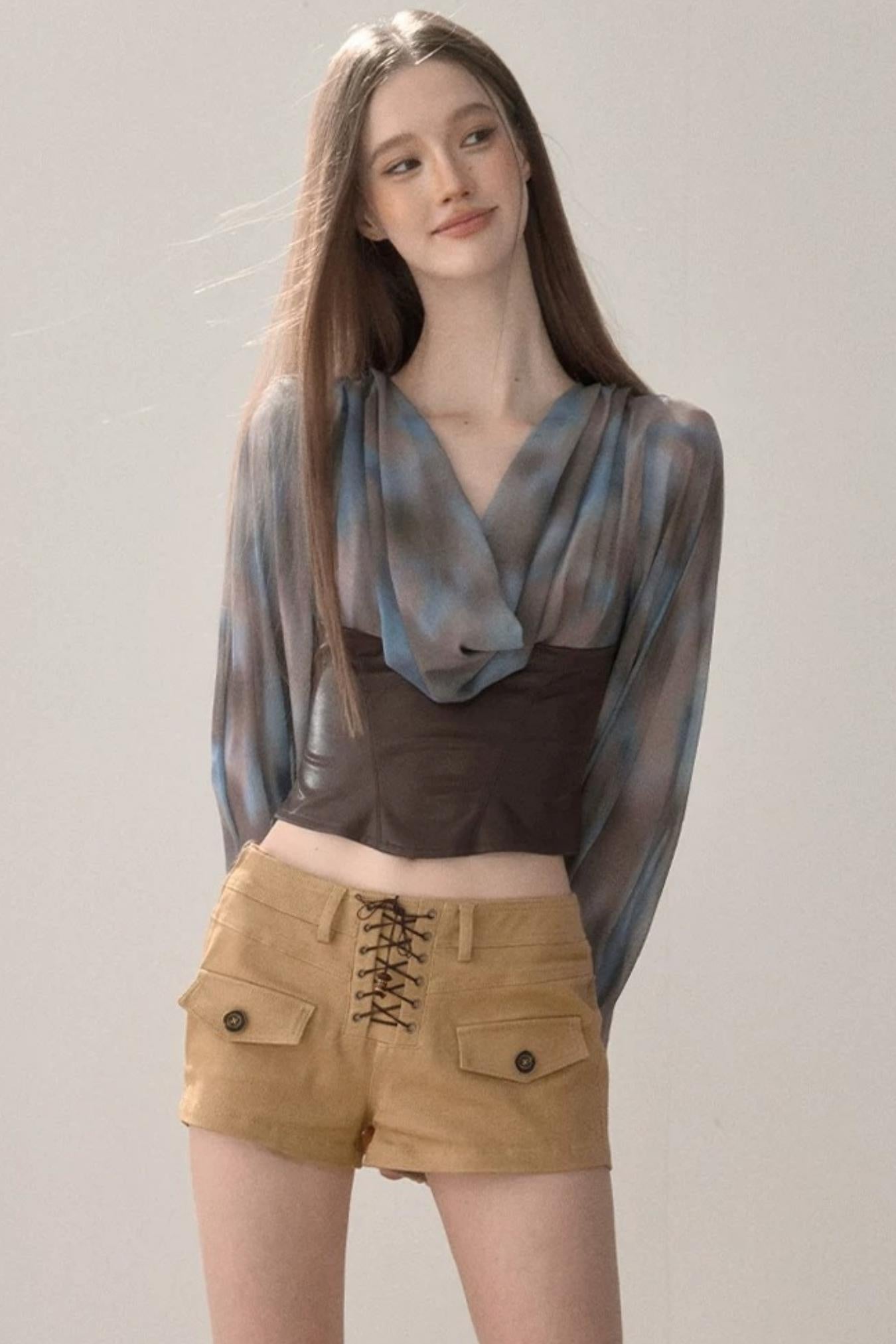 Waist-Cinching Printed Chiffon Shirt