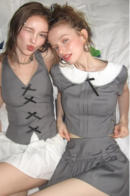 Gray Bowknot Halter Skirt Set-Up