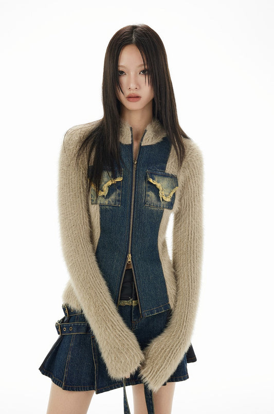 Stand collar denim patch knit jacket