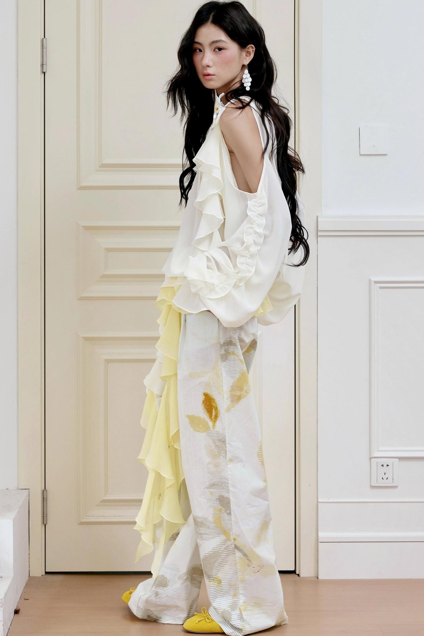 Botanical Ruffle Chiffon Wide-Leg Trousers