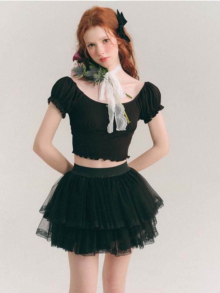 Rose Corsage Puff Sleeves Ballet T-Shirt