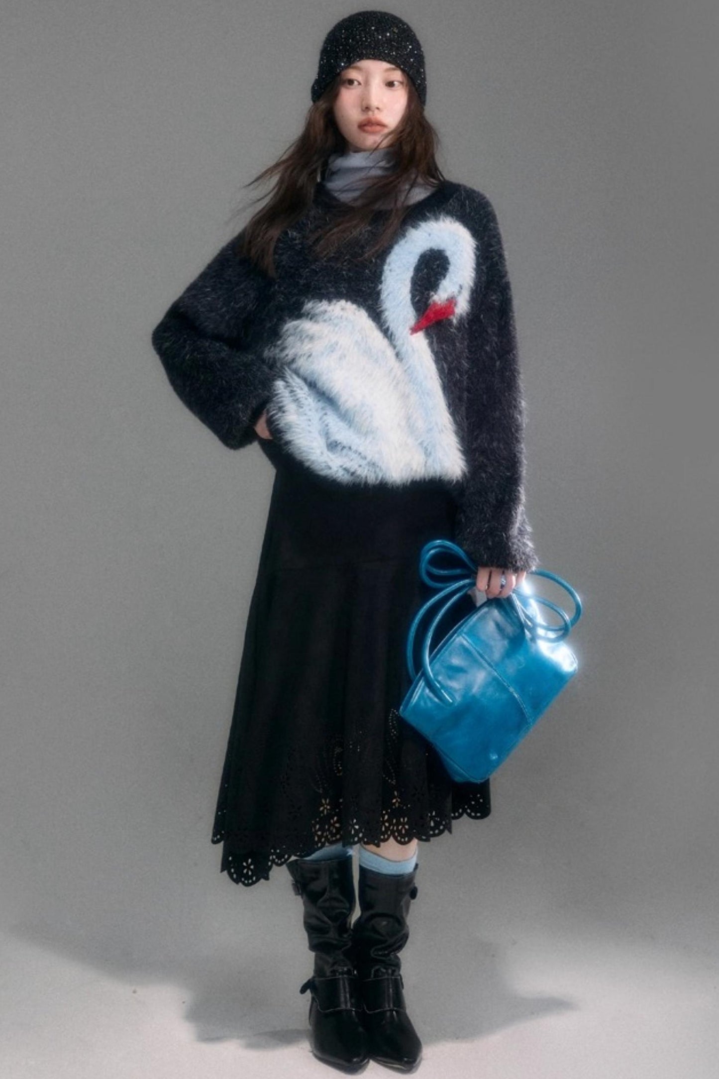 Moonlight Swan Faux Velvet Sweater