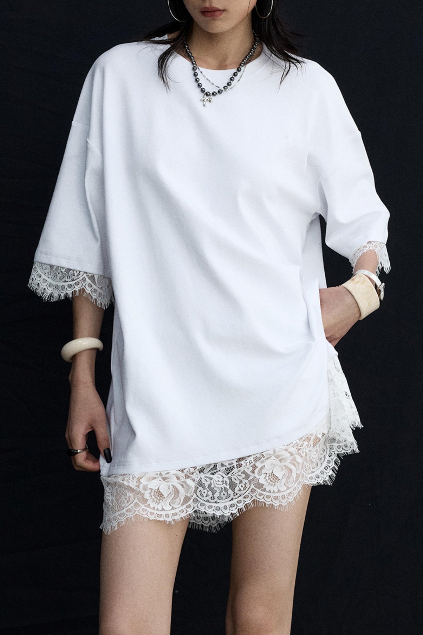 Patchwork Lace Crew Neck Long Top