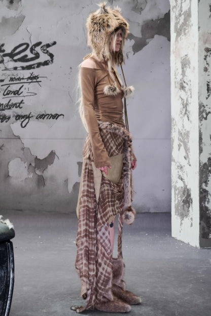 Chiffon Panel Ruffled Irregular Leather Skirt