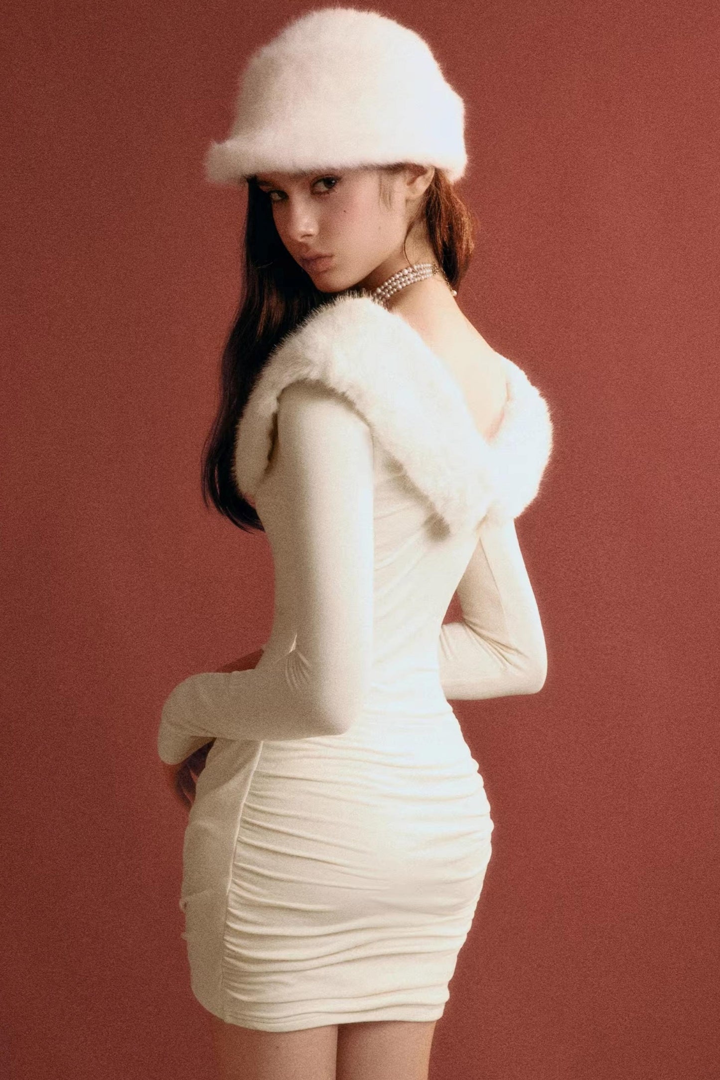 Furry V-Neck Slim Dress