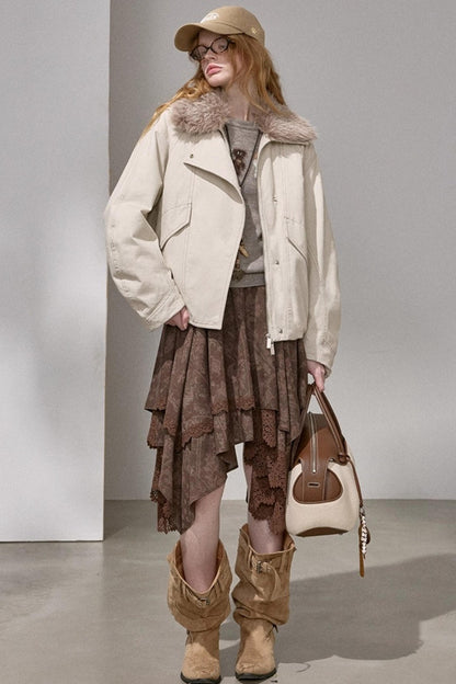 Curved Sleeve Fur Collar Jacket