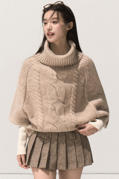 Moon Wool Twist Knit Cape Sweater Set-Up