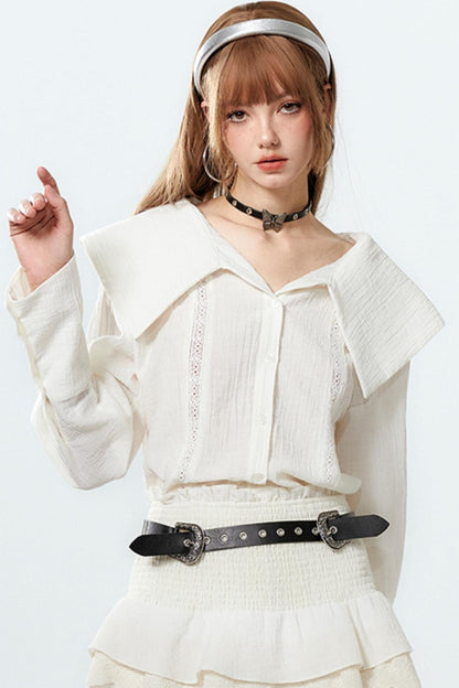 Sheer Lace Big-Collar Mint Blouse