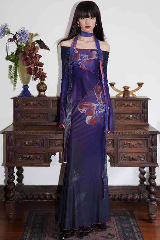 Chinese-Inspired Mesh Long Vintage Dress