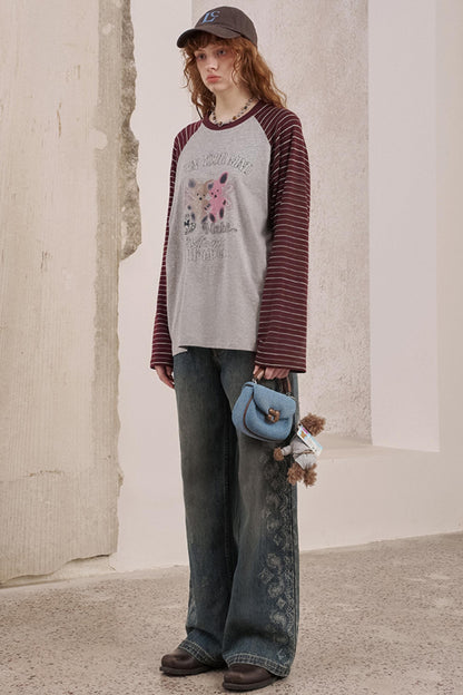 Bear Print Striped Long Sleeve T-Shirt