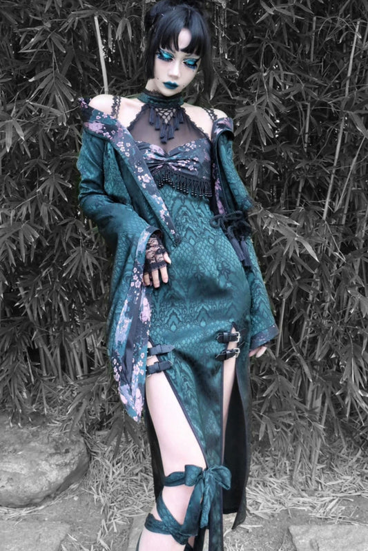 Gothic Mesh Slit Cheongsam Dress Set-Up