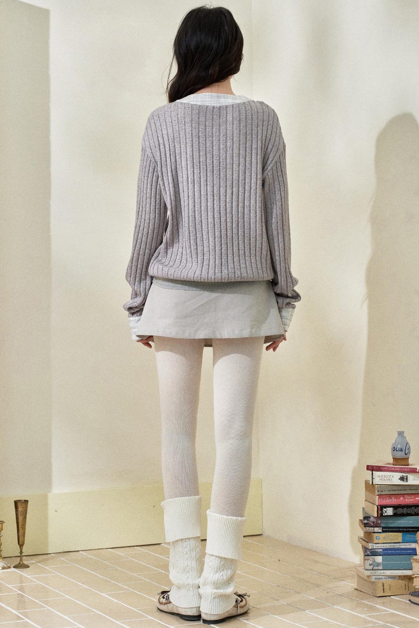 Gray Patchwork Ruffled Knitted Top