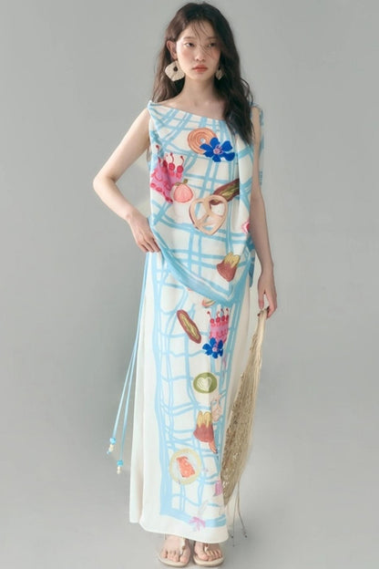 Bread Print Plaid Satin Slip Dress Set-Up