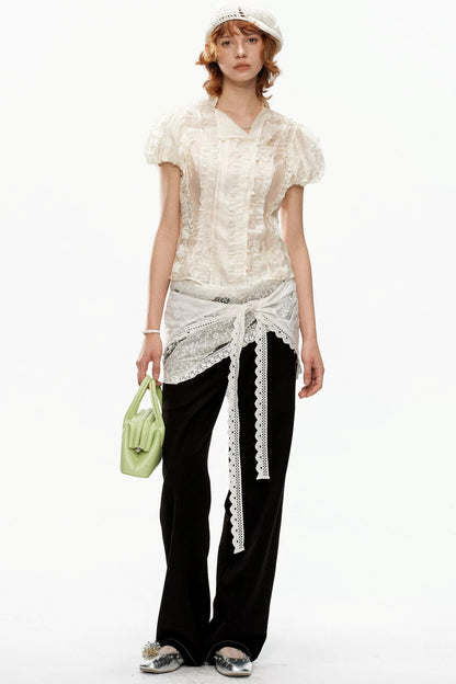 Beige Jacquard Puff Sleeve Blouse