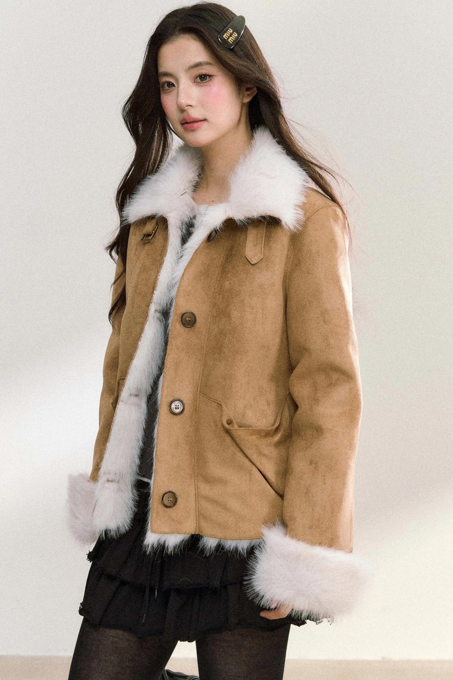 Suede Rivet Fur Collar Lapel Jacket
