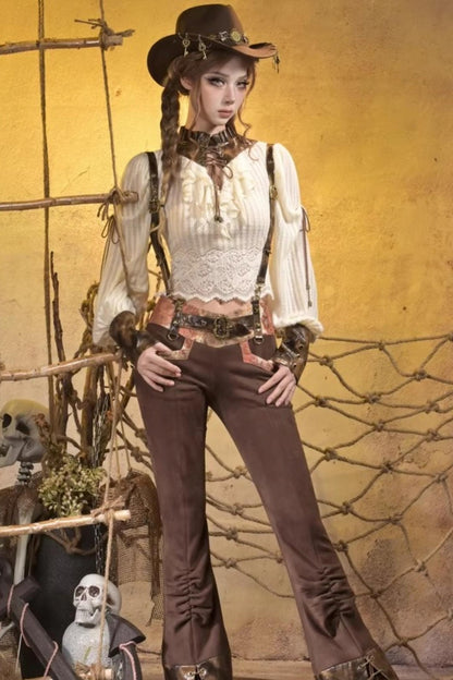 Lace Vintage Distressed Overalls Bib Pants