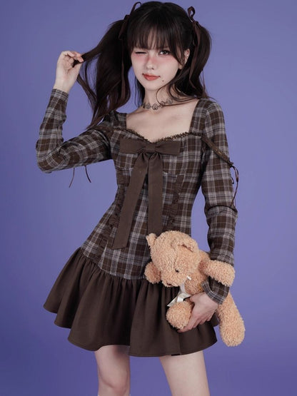 Brown Plaid Bow Long Sleeve Dress