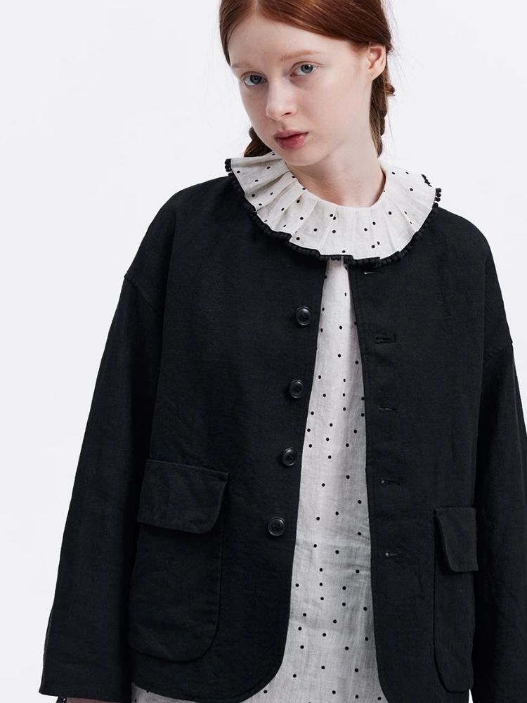 Lace lapel linen polka dot shirt