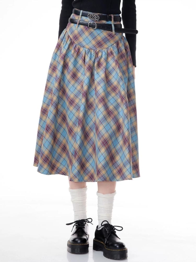 High waist plaid pleated half-body skirt