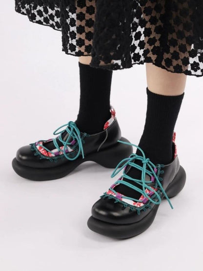 Japanese Pattern Lace Up Platform Shoes