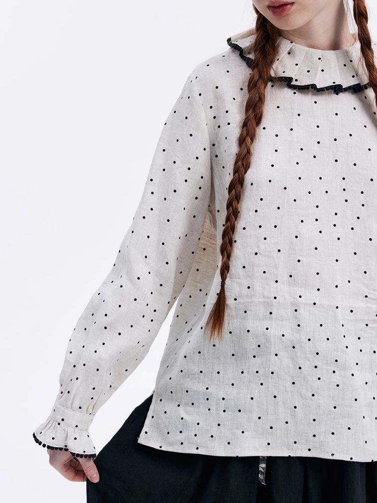 Lace lapel linen polka dot shirt